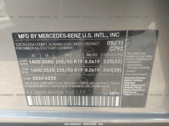 Photo 8 VIN: 4JGBB8GB6BA735177 - MERCEDES-BENZ M-CLASS 