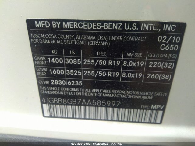 Photo 8 VIN: 4JGBB8GB7AA585997 - MERCEDES-BENZ M-CLASS 