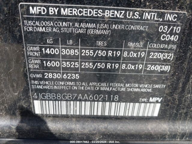 Photo 8 VIN: 4JGBB8GB7AA602118 - MERCEDES-BENZ ML 350 