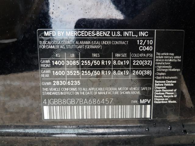 Photo 9 VIN: 4JGBB8GB7BA686457 - MERCEDES-BENZ ML 350 4MA 