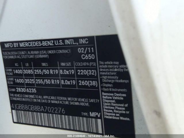 Photo 8 VIN: 4JGBB8GB8BA702276 - MERCEDES-BENZ M-CLASS 