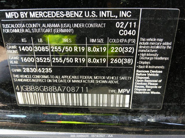 Photo 8 VIN: 4JGBB8GB8BA708711 - MERCEDES-BENZ M-CLASS 