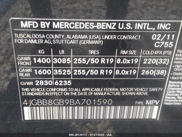 Photo 8 VIN: 4JGBB8GB9BA701590 - MERCEDES-BENZ M-CLASS 