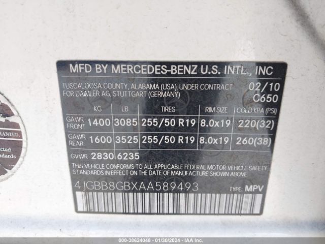 Photo 8 VIN: 4JGBB8GBXAA589493 - MERCEDES-BENZ ML 350 