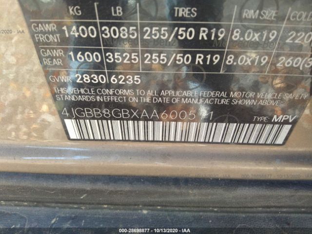 Photo 8 VIN: 4JGBB8GBXAA600511 - MERCEDES-BENZ M-CLASS 