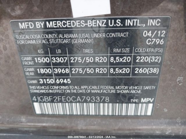 Photo 8 VIN: 4JGBF2FE0CA793378 - MERCEDES-BENZ GL 350 BLUETEC 