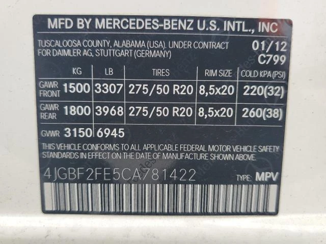 Photo 12 VIN: 4JGBF2FE5CA781422 - MERCEDES-BENZ GL 350 BLU 