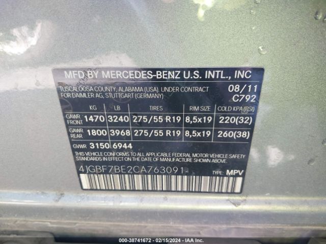 Photo 8 VIN: 4JGBF7BE2CA763091 - MERCEDES-BENZ GL 450 