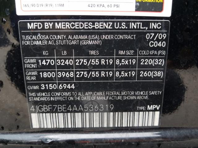 Photo 9 VIN: 4JGBF7BE4AA536319 - MERCEDES-BENZ GL 450 4MA 