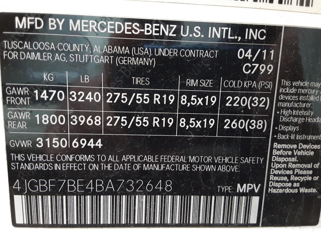 Photo 9 VIN: 4JGBF7BE4BA732648 - MERCEDES-BENZ GL 450 4MA 