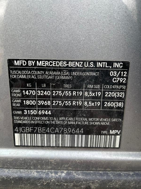 Photo 9 VIN: 4JGBF7BE4CA789644 - MERCEDES-BENZ GL 450 4MA 