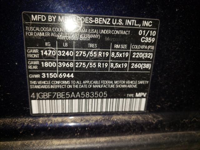 Photo 9 VIN: 4JGBF7BE5AA583505 - MERCEDES-BENZ GL 450 4MA 