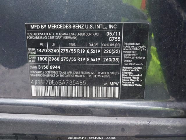 Photo 8 VIN: 4JGBF7BE6BA735485 - MERCEDES-BENZ GL 450 