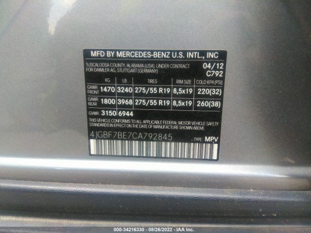 Photo 8 VIN: 4JGBF7BE7CA792845 - MERCEDES-BENZ GL-CLASS 