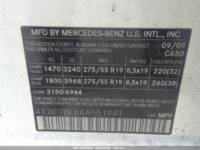 Photo 8 VIN: 4JGBF7BE8AA551941 - MERCEDES-BENZ GL-CLASS 