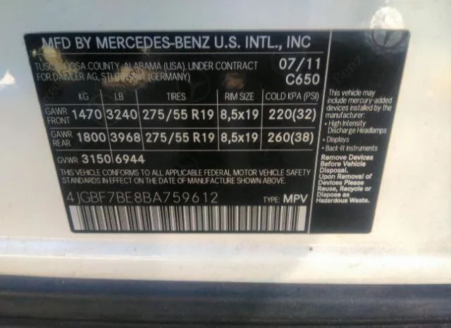 Photo 8 VIN: 4JGBF7BE8BA759612 - MERCEDES-BENZ GL-CLASS 