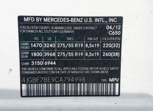 Photo 8 VIN: 4JGBF7BE9CA794998 - MERCEDES-BENZ GL-CLASS 