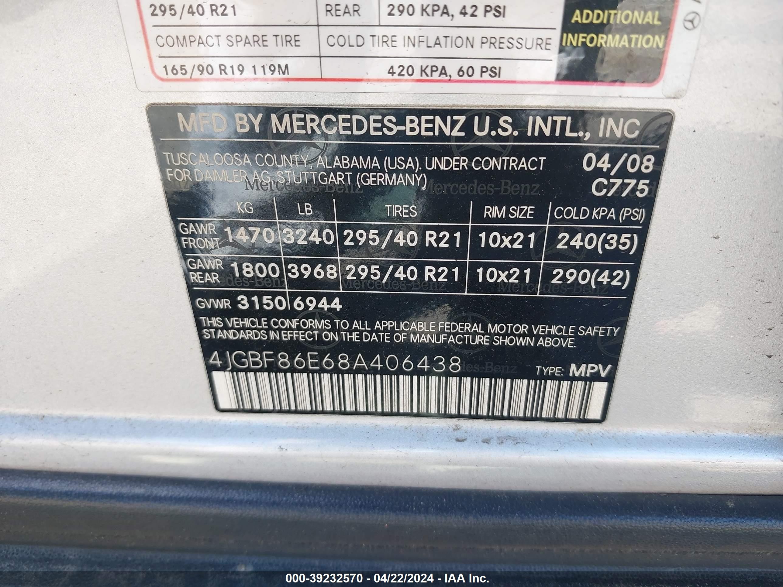 Photo 8 VIN: 4JGBF86E68A406438 - MERCEDES-BENZ SPRINTER 
