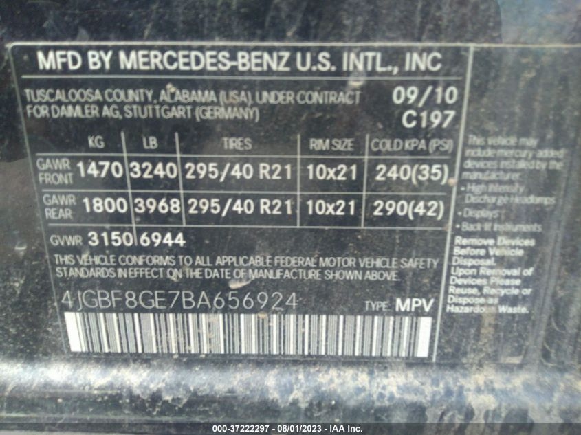 Photo 8 VIN: 4JGBF8GE7BA656924 - MERCEDES-BENZ GL-KLASSE 