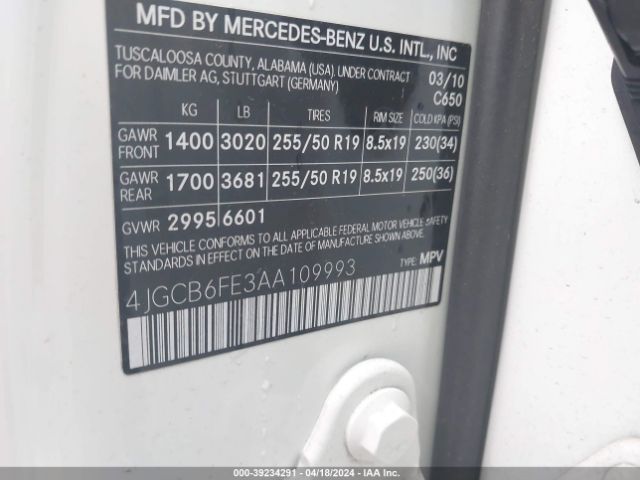 Photo 8 VIN: 4JGCB6FE3AA109993 - MERCEDES-BENZ R 350 