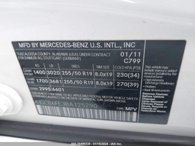 Photo 8 VIN: 4JGCB6FE3BA125290 - MERCEDES-BENZ R 350 