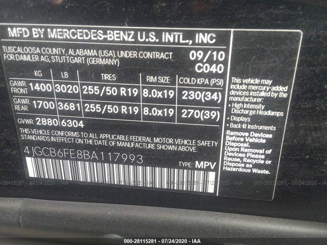 Photo 8 VIN: 4JGCB6FE8BA117993 - MERCEDES-BENZ R-CLASS 