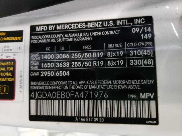 Photo 9 VIN: 4JGDA0EB0FA471976 - MERCEDES-BENZ ML 250 BLU 