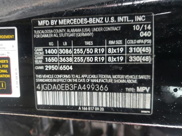 Photo 9 VIN: 4JGDA0EB3FA499366 - MERCEDES-BENZ ML 250 BLU 