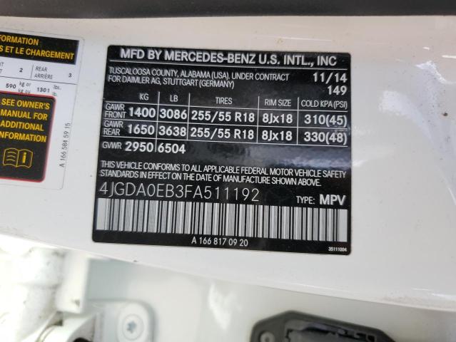 Photo 13 VIN: 4JGDA0EB3FA511192 - MERCEDES-BENZ ML 250 BLU 