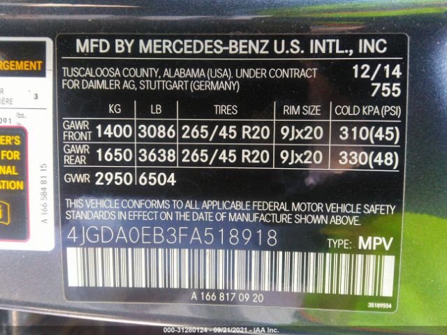 Photo 8 VIN: 4JGDA0EB3FA518918 - MERCEDES-BENZ M-CLASS 