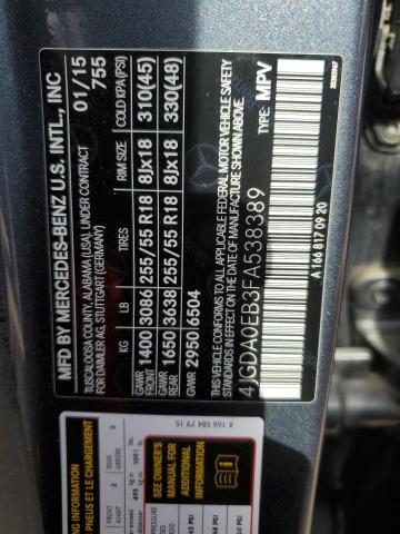 Photo 12 VIN: 4JGDA0EB3FA538389 - MERCEDES-BENZ ML 250 BLU 