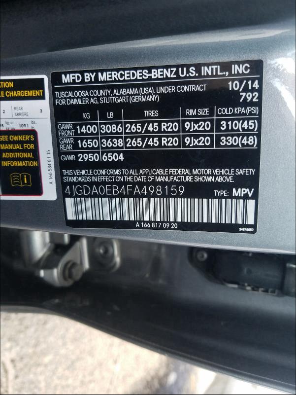 Photo 9 VIN: 4JGDA0EB4FA498159 - MERCEDES-BENZ ML 250 