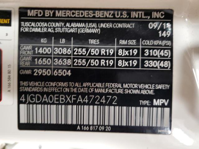 Photo 12 VIN: 4JGDA0EBXFA472472 - MERCEDES-BENZ ML 250 BLU 