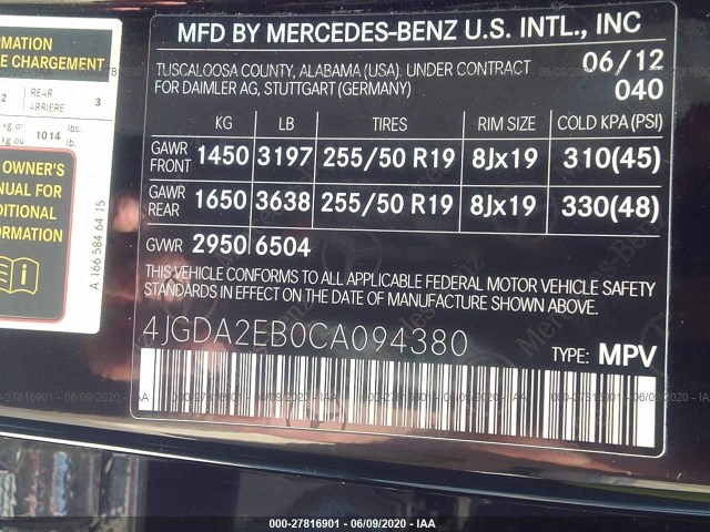 Photo 8 VIN: 4JGDA2EB0CA094380 - MERCEDES-BENZ ML-350 