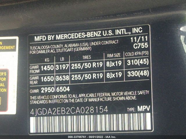 Photo 8 VIN: 4JGDA2EB2CA028154 - MERCEDES-BENZ M-CLASS 