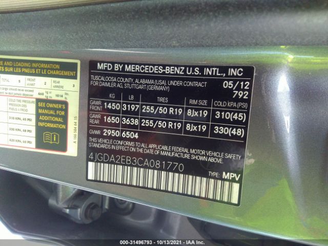 Photo 8 VIN: 4JGDA2EB3CA081770 - MERCEDES-BENZ M-CLASS 