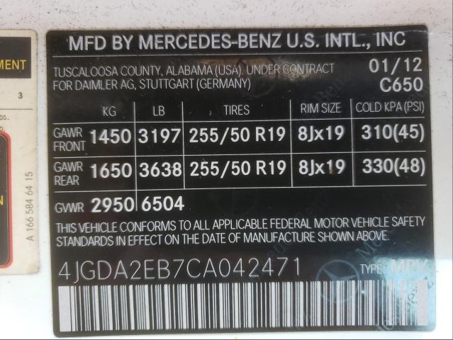 Photo 9 VIN: 4JGDA2EB7CA042471 - MERCEDES-BENZ ML 350 BLU 