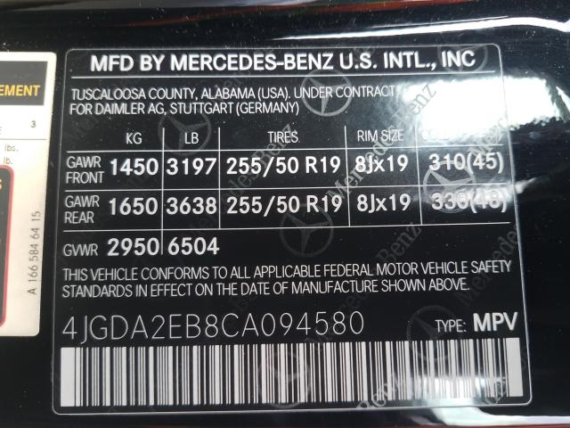 Photo 9 VIN: 4JGDA2EB8CA094580 - MERCEDES-BENZ ML 350 BLU 