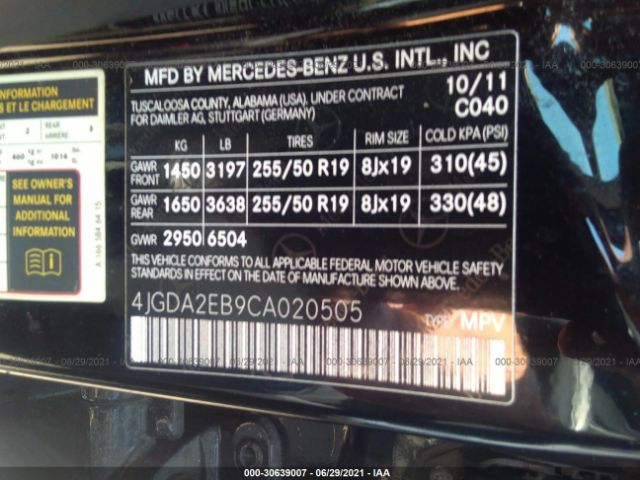 Photo 8 VIN: 4JGDA2EB9CA020505 - MERCEDES-BENZ M-CLASS 