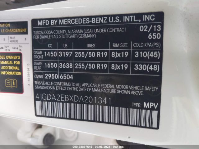 Photo 8 VIN: 4JGDA2EBXDA201341 - MERCEDES-BENZ ML 350 BLUETEC 