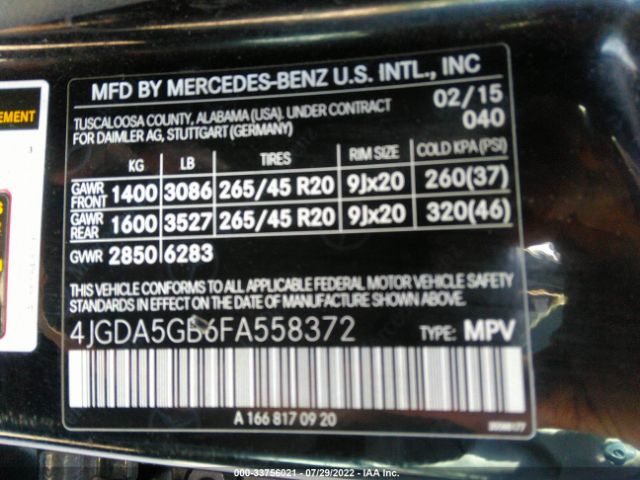 Photo 8 VIN: 4JGDA5GB6FA558372 - MERCEDES-BENZ M-CLASS 