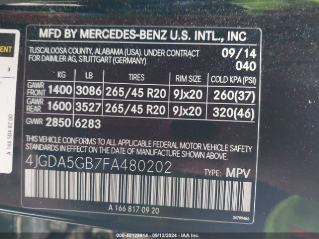 Photo 8 VIN: 4JGDA5GB7FA480202 - MERCEDES-BENZ ML-CLASS 