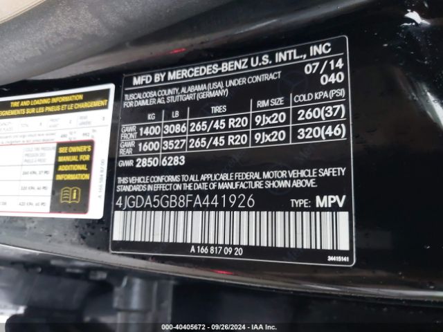 Photo 8 VIN: 4JGDA5GB8FA441926 - MERCEDES-BENZ ML-CLASS 