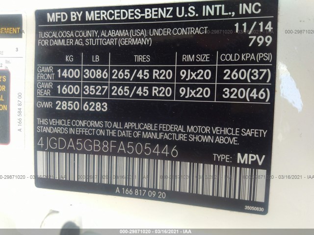 Photo 8 VIN: 4JGDA5GB8FA505446 - MERCEDES-BENZ M-CLASS 