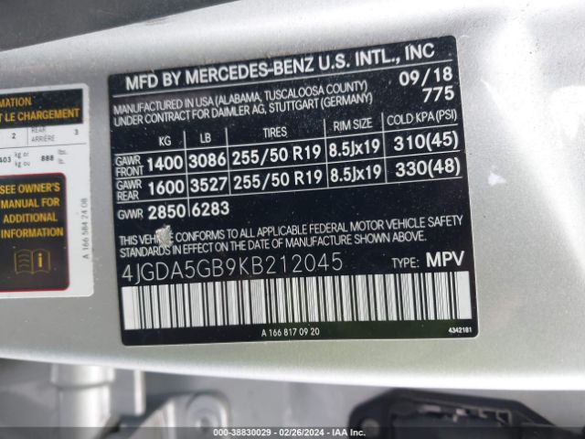 Photo 8 VIN: 4JGDA5GB9KB212045 - MERCEDES-BENZ GLE 400 