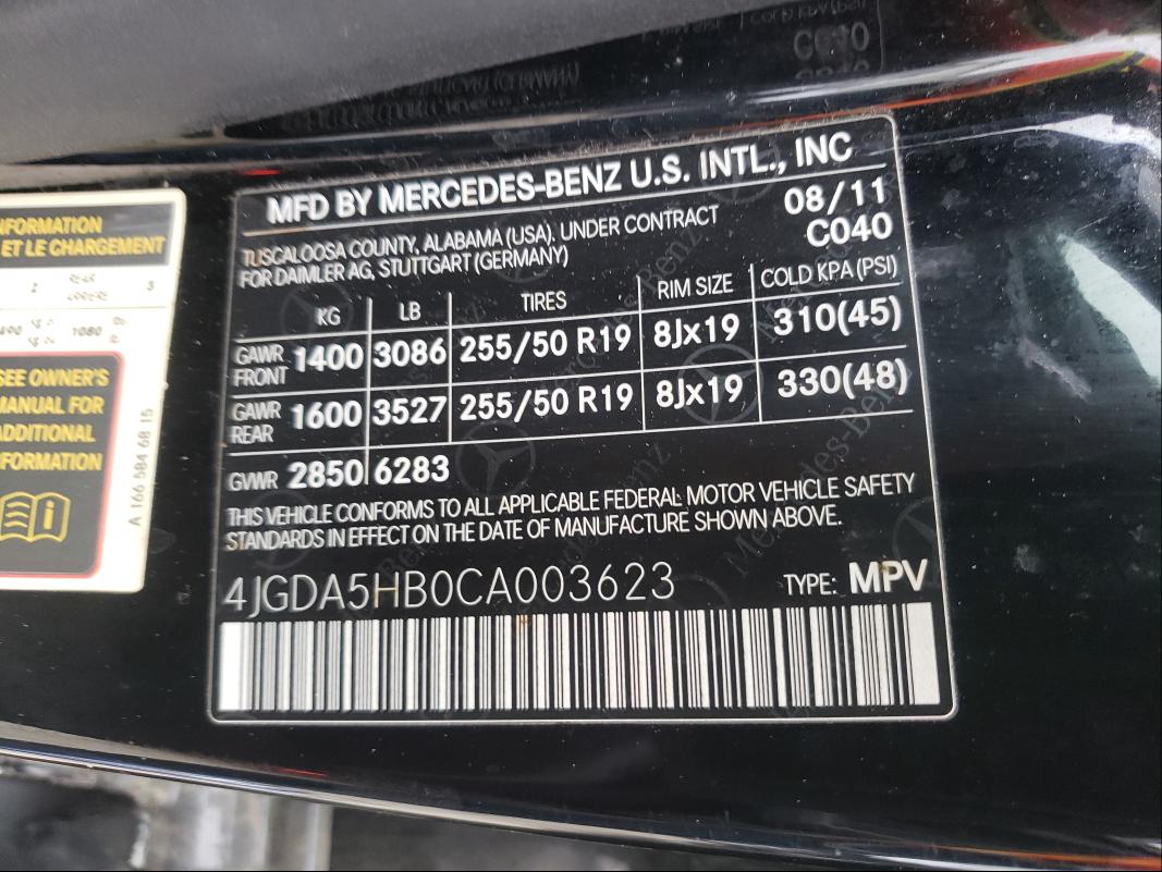 Photo 9 VIN: 4JGDA5HB0CA003623 - MERCEDES-BENZ ML 350 4MA 