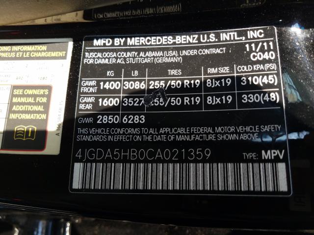 Photo 9 VIN: 4JGDA5HB0CA021359 - MERCEDES-BENZ ML 350 4MA 