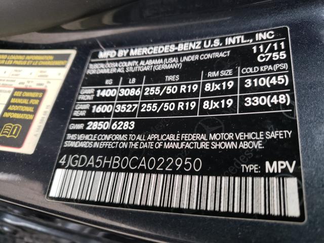 Photo 9 VIN: 4JGDA5HB0CA022950 - MERCEDES-BENZ ML 350 4MA 