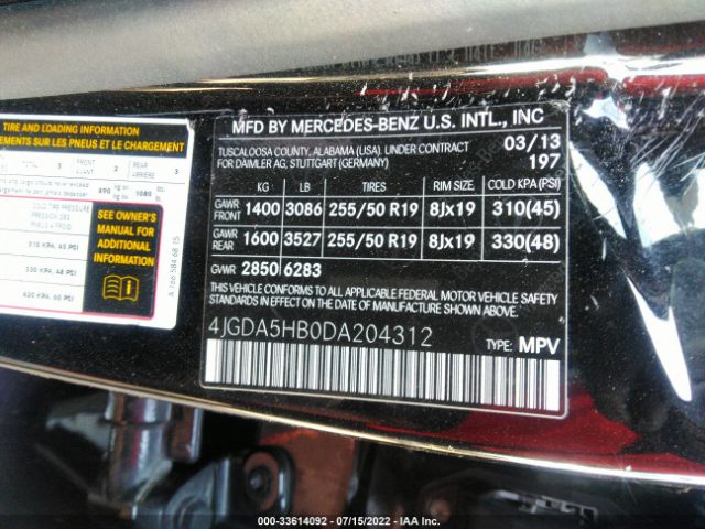 Photo 8 VIN: 4JGDA5HB0DA204312 - MERCEDES-BENZ M-CLASS 