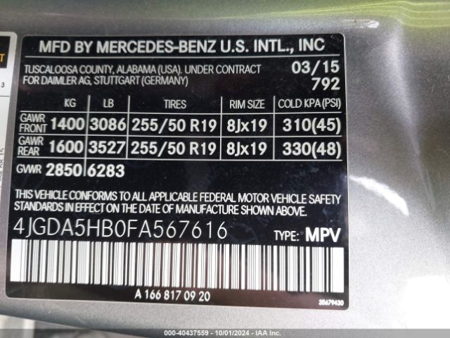 Photo 8 VIN: 4JGDA5HB0FA567616 - MERCEDES-BENZ ML-CLASS 